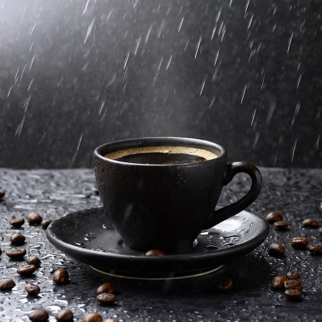 Une tasse de café sur une surface noire de pierre avec de la pluie en arrière-plan Ai généré