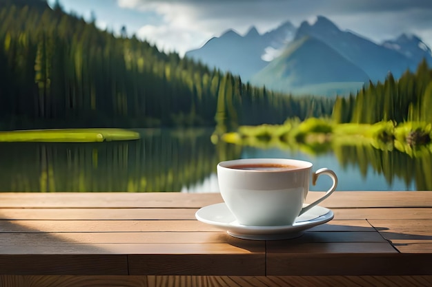 une tasse de café sur une table en bois au bord d'un lac.