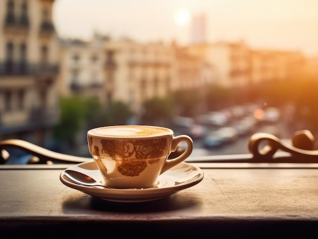 Une tasse de café sur une table en bois contre la fenêtre le matin dans le style de paysages urbains captivants IA générative