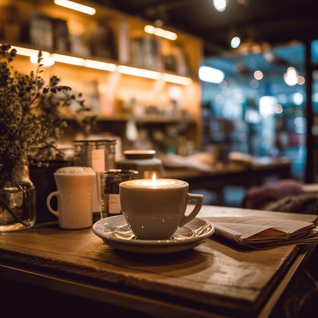 Tasse à café sur table en bois dans un café avec arrière-plan flou