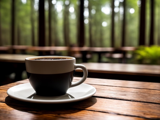 Tasse à café sur une table en bois dans un café avec une nature forestière floue