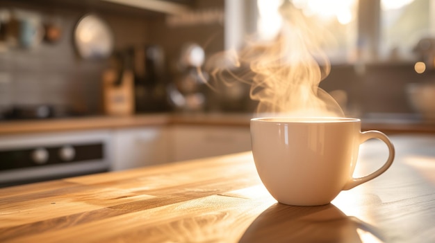 Une tasse de café sur la table en bois dans la cuisine le matin