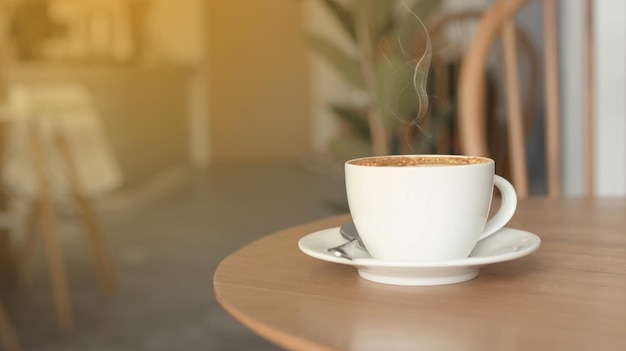 Tasse à café sur une table en bois dans une table en bois de fond de café Espace de travail simple ou pause-café du matin