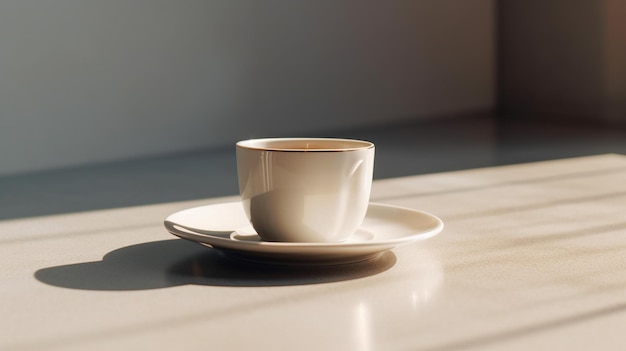 Une tasse de café sur une table en bois avec une lumière qui brille dessus.