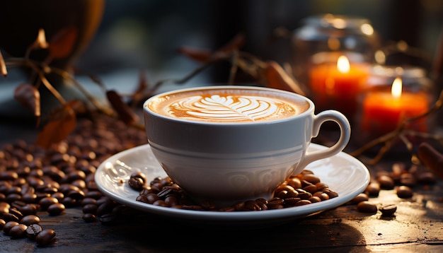 Tasse à café sur une table en bois, vapeur montante aromatique et invitante générée par l'intelligence artificielle