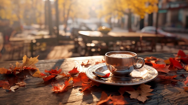 Tasse de café et table en bois vide de café en plein air pour l'affichage des produits avec arrière-plan flou rue calme d'automne en arrière-plan