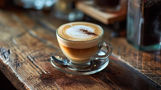 Une tasse de café sur une table en bois