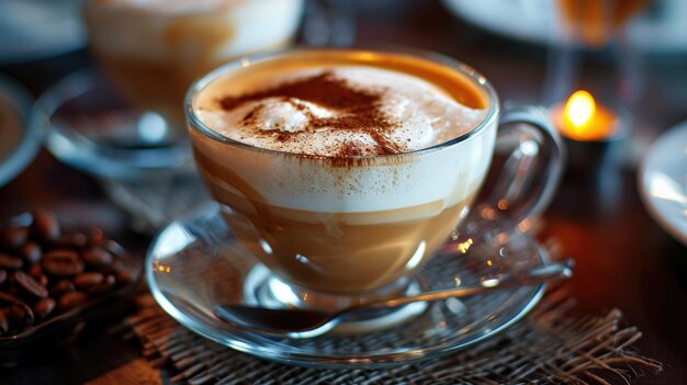 Une tasse de café sur une table en bois