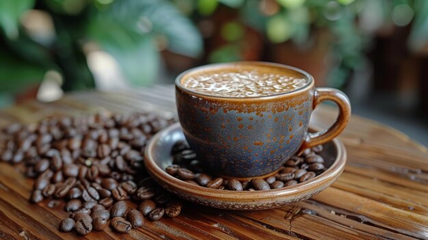 Une tasse de café sur une table en bois