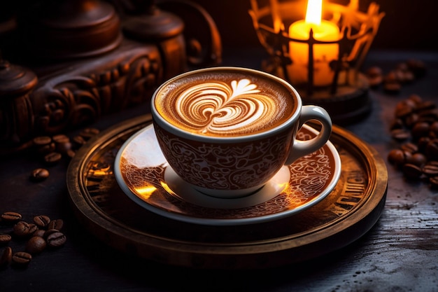 Une tasse de café sur une table en bois.