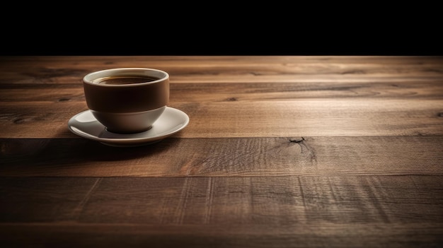 Une tasse de café sur une table en bois