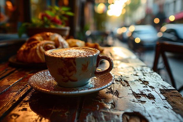 Une tasse de café sur une table en bois.