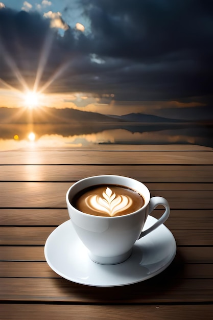 Une tasse de café sur une table en bois