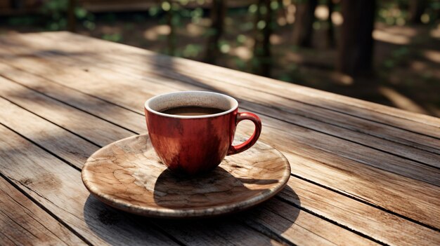 Une tasse de café sur une table en bois