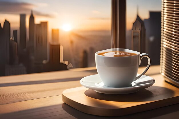 Une tasse de café sur une table avec le coucher du soleil en arrière-plan.