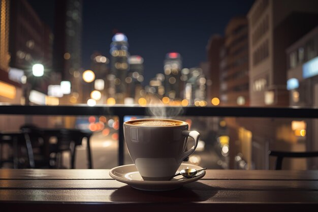 Une tasse de café sur une table devant une rue avec les lumières de la ville en arrière-plan