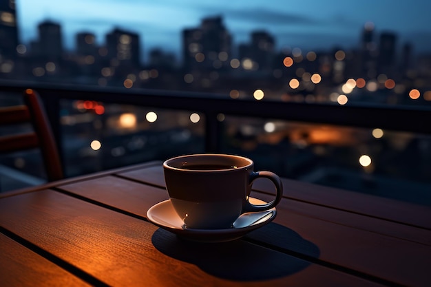 une tasse de café sur une table devant une rue avec un