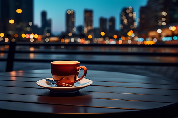 une tasse de café sur une table devant une rue avec un