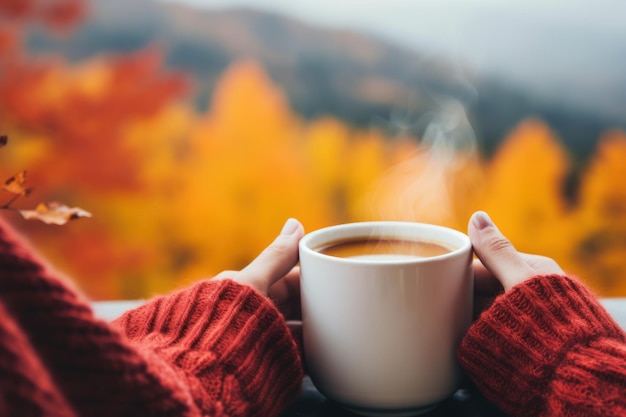 Une tasse de café sur une table donnant sur une vue automnale IA générative