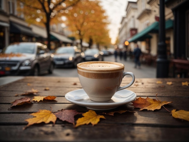 Tasse de café sur la table du café, vue sur la rue avec des voitures et des feuilles d'automne