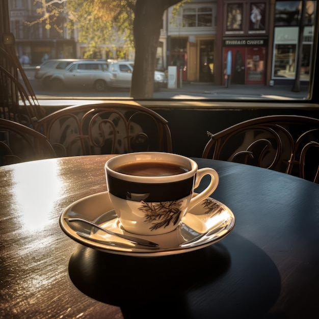 Une tasse de café à la table du café