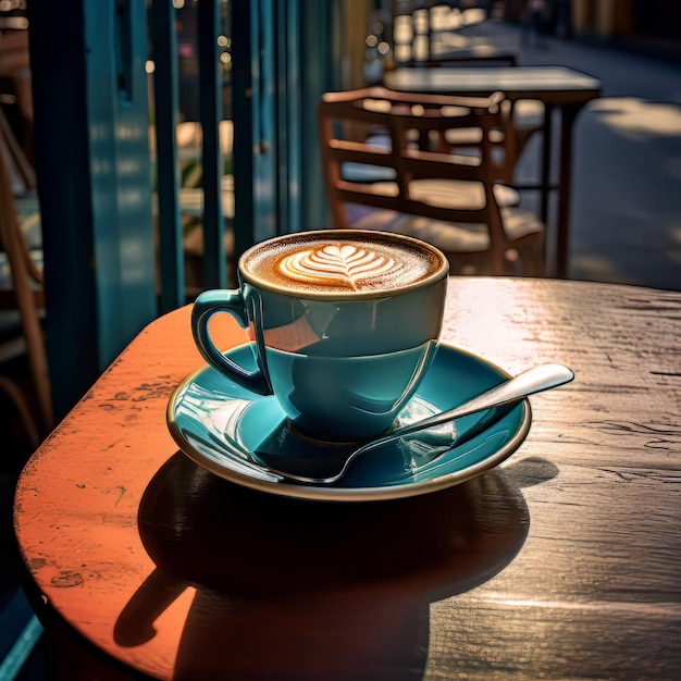 Une tasse de café à la table du café