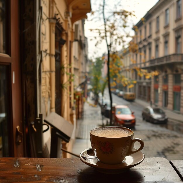 Photo une tasse de café sur une table à l'extérieur d'un bâtiment