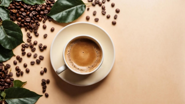 Tasse à café sur une table avec des feuilles et des grains de café fond crème plat poser 02