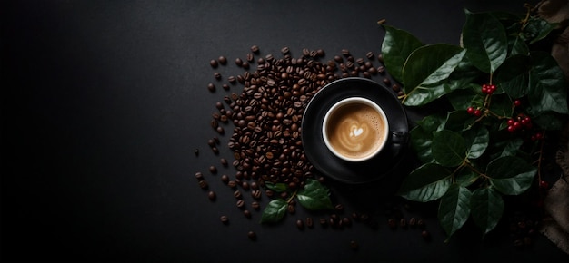 Tasse à café sur une table avec des feuilles et des grains de café fond sombre plat