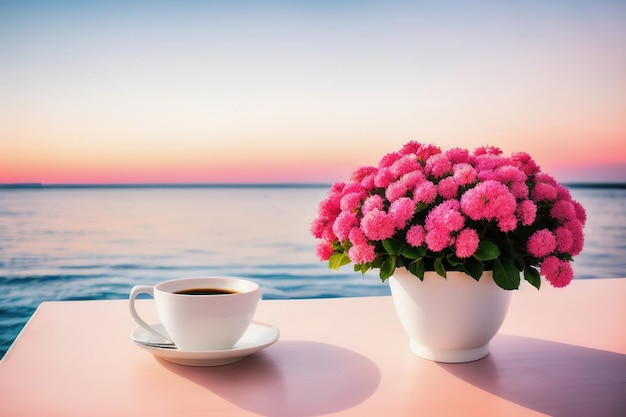 Une tasse de café sur une table avec des fleurs roses une île tropicale au fond de la mer