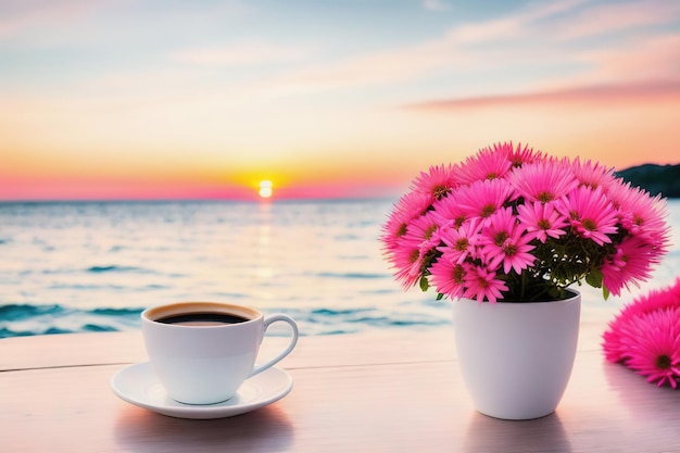 Une tasse de café sur une table avec des fleurs roses une île tropicale au fond de la mer