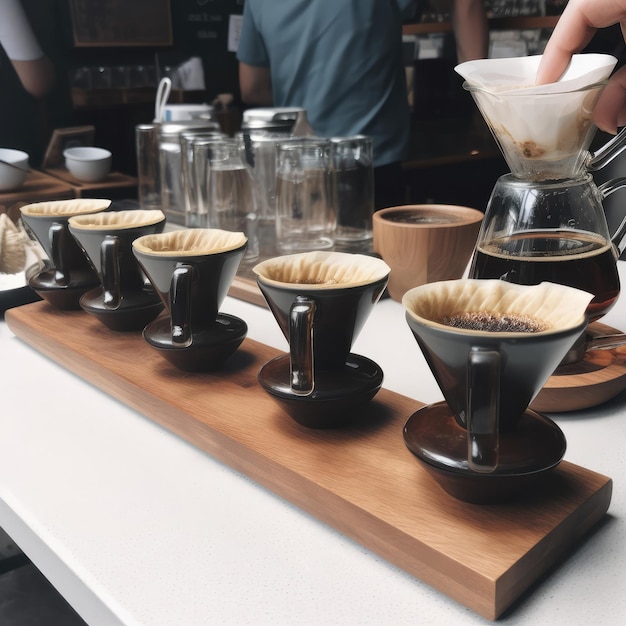 Tasse de café sur table avec un fond de restaurant et de belles lumières