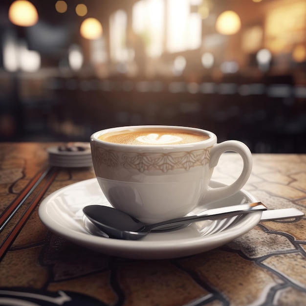 Tasse de café sur table avec un fond de restaurant et de belles lumières