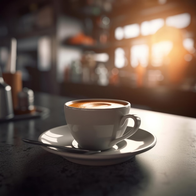 Tasse de café sur table avec un fond de restaurant et de belles lumières