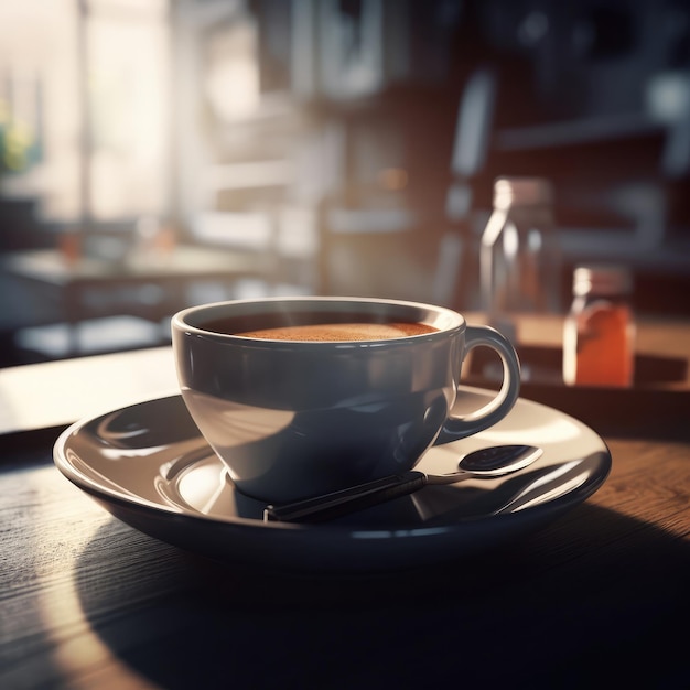 Tasse de café sur table avec un fond de restaurant et de belles lumières