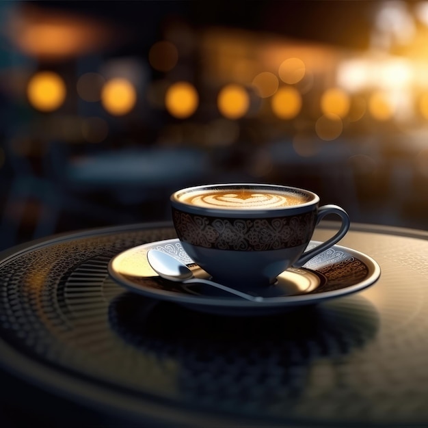 Tasse de café sur table avec un fond de restaurant et de belles lumières