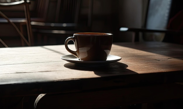 Une tasse de café sur une table générative d'IA