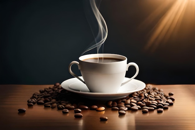 Une tasse de café sur une table avec des grains de café sur la table