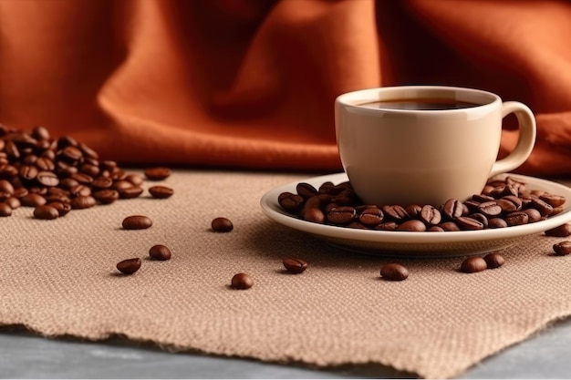 une tasse de café sur la table avec les grains de café