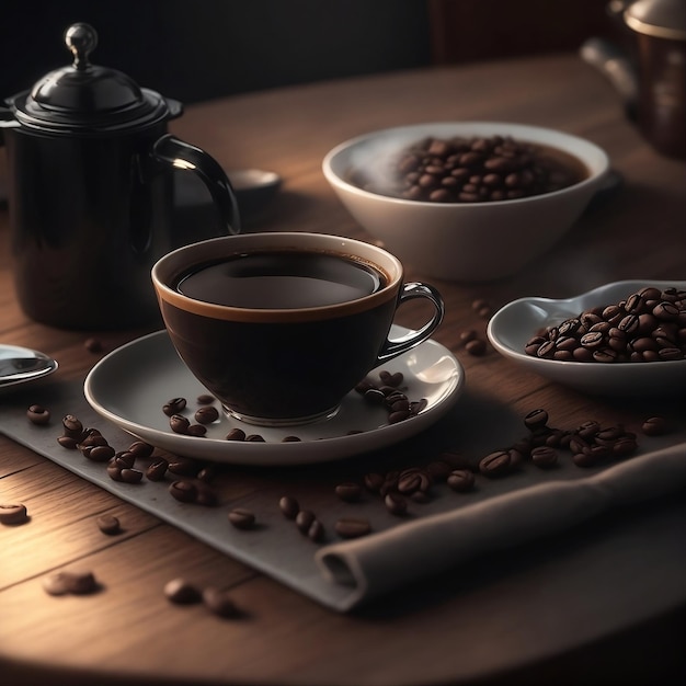 une tasse de café sur une table avec des grains de café