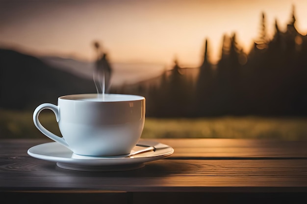 une tasse de café sur une table avec un homme en arrière-plan.