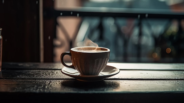 Une tasse de café sur une table avec un jour de pluie