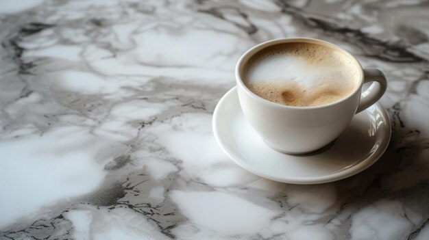 Une tasse de café sur une table en marbre