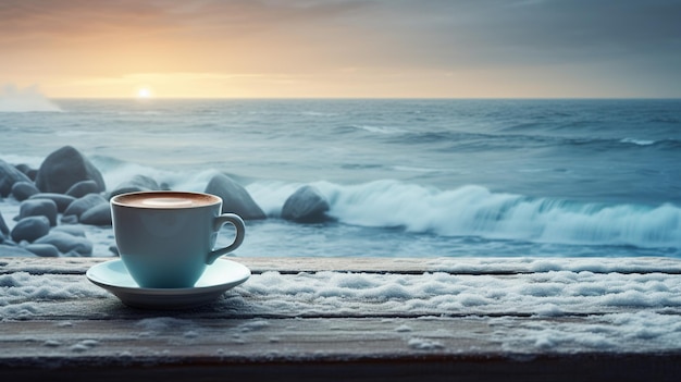 une tasse de café sur une table avec l'océan en arrière-plan