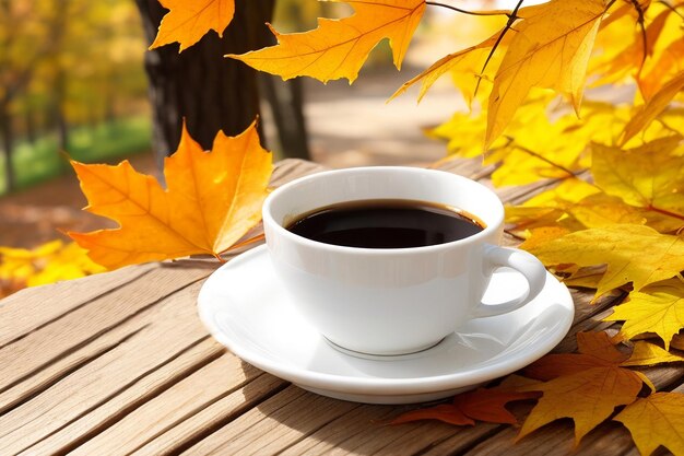Tasse de café sur une table parmi les feuilles d'automne dans un café de rue Generative AI