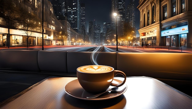 une tasse de café sur une table avec un paysage urbain flou en arrière-plan