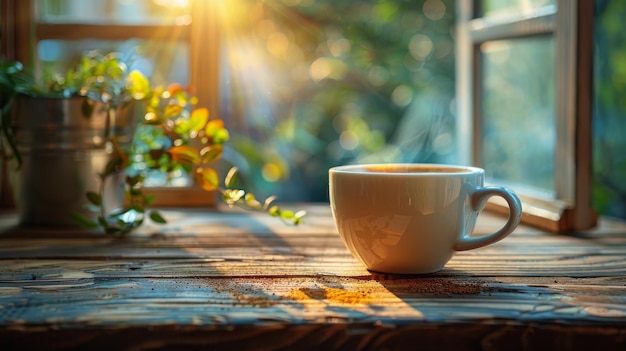 Une tasse de café sur la table près de la fenêtre