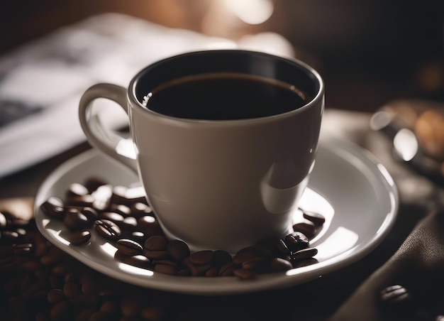 Une tasse de café sur la table.