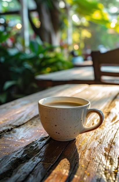 Une tasse de café sur une table.