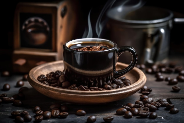 Une tasse de café avec un tas de grains de café sur une table en bois.